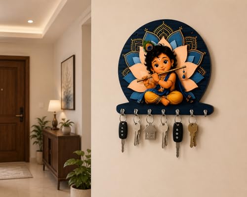 Image of Zepdos Baby Krishna Home Decor Key Hanger for Wall | Flute Design Key Hanger with 7 Hooks | Entrance Wall Mount Key Stand for Home, Living Room, Office, Gift Item (23 x 23 CM) (1 Pcs)