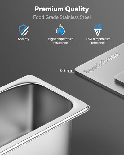 ZeroPone 8 Pack Hotel Pans with Lids, 1/4 Size 6" Deep Stainless Steel Steam Table Pan 22 Gauge Anti Jam Commercial Catering Food Pans for Hotel, Home, Party, Restaurant, Buffet