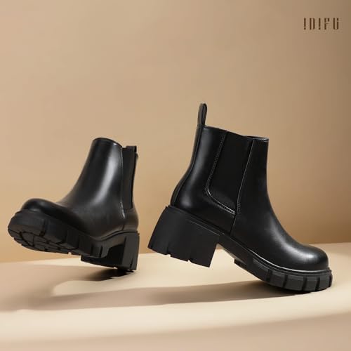 IDIFU IN2 Chelsea Ankle Boots for Women Low Block Chunky Women's Boots Round Toe Short Heeled Ankle Booties Fashion Cute Comfort Trendy Dress Booties Fall Lady Slip On Lug Sole Boots4