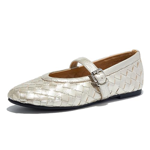 Women's Leather Braided Mary Jane Flats Elegance Wove Adjustable Buckle Strap Comfortable Round Toe Ballet Flats