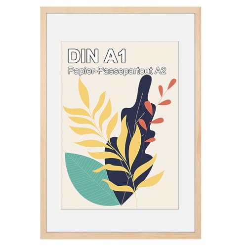 HOHIYO A1 Holz Bilderrahmen Posterrahmen Puzzlerahmen 59,4x84,1 cm aus Eiche mit Papier-Passepartout A2(59,4x84,1 cm) und bruchsicherem Plexi-Glas,zum Aufhängen