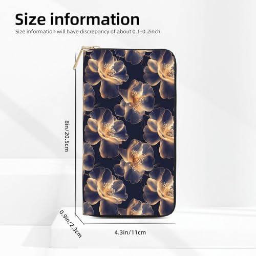 Leather Thin Slim Wallets for Women & Men - Navy Gold Camellia Print Card Wallet Holder with Zipper2