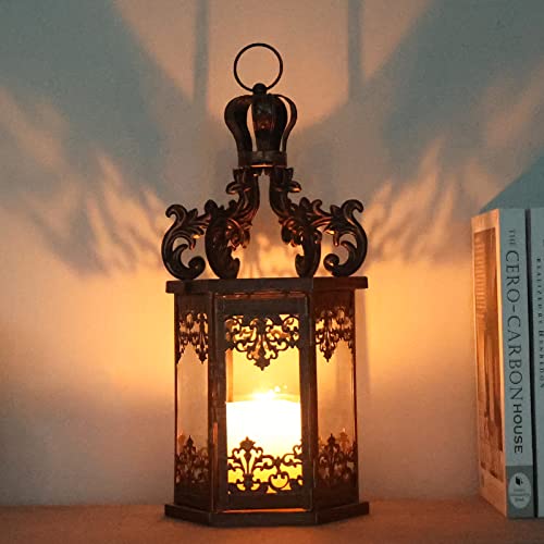 Needomo Large Candle Lantern Decorative, 17.7" Black Outdoor Hanging Lanterns With Tempered Clear Glass, Vintage Metal Hexagon Candle Holder Lantern Decor For Patio, Porch, Farmhouse, Wedding, Shelf #TOP1