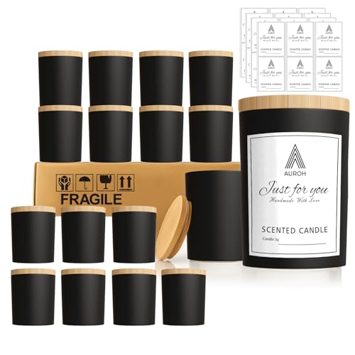 Auroh 15 Pack Glass Candle Jars with Bamboo Lids - 7 OZ Black Candle Containers for Candle making - Ideal candle making supplies for professionals as well as hobbyists