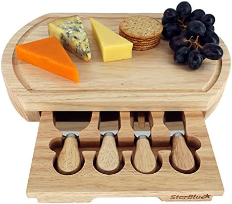 Cheese Board Set by StarBlue - Large - with 4 Knives and Slide Out Drawer | Large Oak Wooden Cheese and Platter Cutting Serving Plate Tray | Best for Housewarming and Birthday Gift