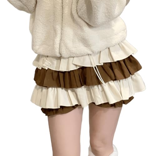 RILGOU Kawaii Harajuku Fashion Lolita Gothic Clothes Elastic Waist Color Blocking Cute Lace Trim Tiered Short Skirt M Brown