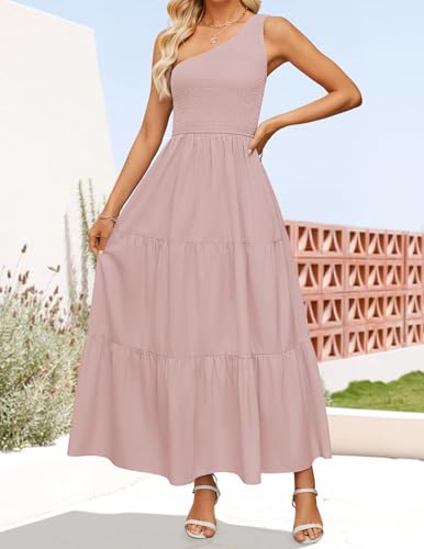 Image of ZESICA Women's 2026 Bohemian Summer Floral Print One Shoulder Sleeveless Smocked Ruffle Tiered Beach Long Midi Dress