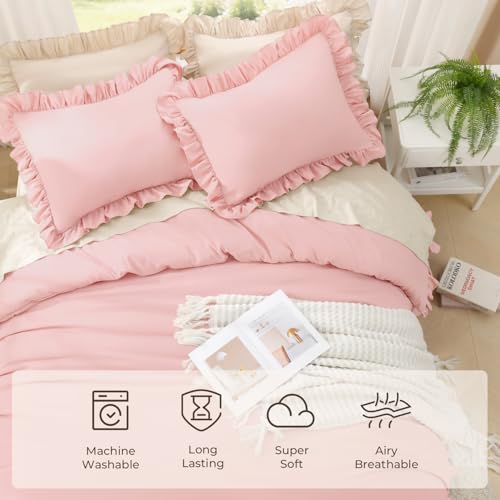 Image of Litanika Pink King Size Comforter Set, 3 Pieces Ruffle Farmhouse Aesthetic Bedding Comforter Set, All Season Soft Lightweight Fluffy Microfiber Bed Set(104x90In Comforter, 2 Pillowcases)