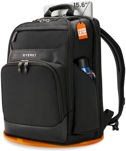 Everki Onyx Business Laptop Backpack – Ballistic Nylon and Leather Office Backpack, Travel-Friendly with Tech Compartment, Black