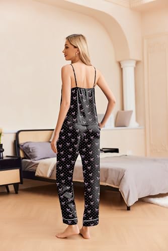 Image of Ekouaer Women Silk Satin Pajamas Sleeveless Pjs Set 2 Piece Summer Loungewear Sleepwear with Pockets S-XXL