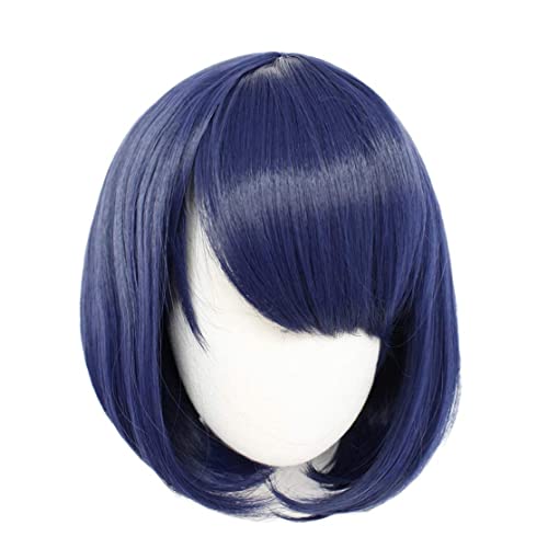Runfon Haarmütze +Blaue Cosplay -Perücke mit Pony Kurzes natürliche Wellenjäger für Mädchen Blue Perücken für japanische Anime, dunkelblaue Perücke kurz Cover