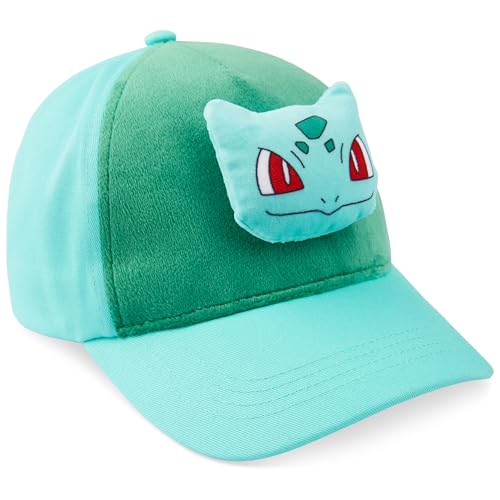 Pokemon 3D Jungen Cap, Basecap Kinder mit Plüsch Pikachu oder Bisasam Motiv, Verstellbarer Snapback, Geschenkidee für Jungen (4-12 Jahre, Grün Bulbasaur)