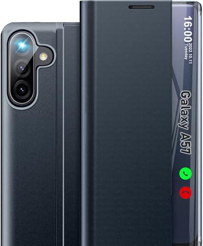 Étui Samsung Galaxy A57 5G bleu foncé à rabat miroir en cuir rigide mince