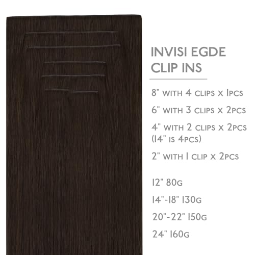 Image of WENNALIFE Invisible Edge Seamless Clip in Hair Extensions Real Human Hair | 24'' 160g 7pcs Light Dark Brown. Ultra-Thin PU Weft, Easy Clip On Extensions, Comfortable