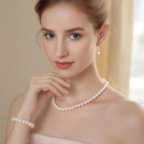 TIESOME Pearl Necklace Bracelet Earrings Set, Faux Pearl Jewelry Set Necklaces for Women White Costume Jewelry Accessories for Women Wedding Birthday Valentine Gifts(6mm) - Image 5