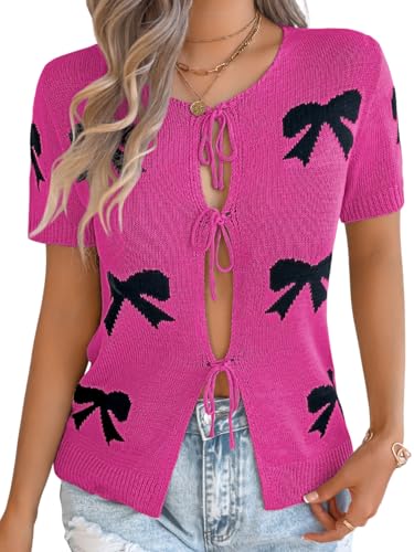 Women 2000S Bow Knit Cardigan Sweaters, Short Sleeve Tie Front Lightweight Crochet Top, Summer Going Out Date Outfits