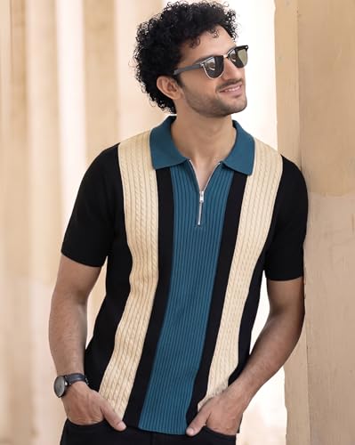 Image of AUSK Men's Zip Collar Polo Tshirt | Cotton Rich Material | Half Sleeves | Modern Knit Panel Work | Regular Fit