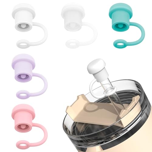 5pcs Straw Covers, Reusable Silicone Straws Cap, Dust-Proof Straw Toppers Protector Cover for Stanley Tumbler, Cute Tips Lids Toppers Cap Leak-Proof, Simple Cup Protector for Stanley Cup Accessories