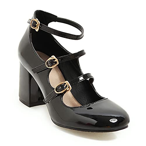 MOOMMO High Chunky Heel Mary Janes for Women Round Closed Toe Patent Leather Mary Jane Pumps Triple Ankle Strap Sexy 3” Block Heels Dress Shoes Sandals Sexy Party Wedding Cute 4-10 M US2