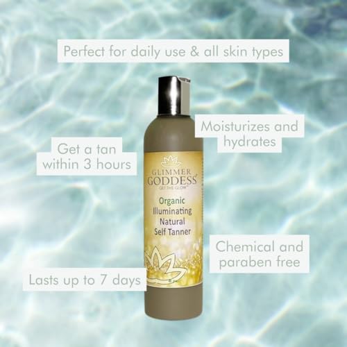 Image of Glimmer Goddess Organic Self Tan Lotion - Unscented for Face & Body, Vegan, Natural Bronzing, Streak-Free, All Skin Types, 8 oz., Organic Ingredients, Paraben-Free, Cruelty-Free