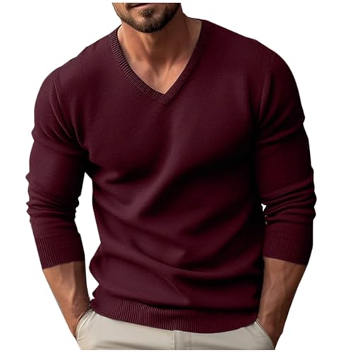 Men's V Neck Sweater Casual Solid Knitted Long Sleeved Pullover Tops Lightweight Slim Fit Classic Dressy Sweater