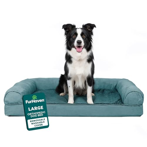 FurHaven Orthopedic Dog Bed for Large Dogs, Sofa Contour Mattress with Egg Crate with a Solid Orthopedic Foam Base for Joint Support, Removable Washable Cover, Large, Plush & Suede, Deep Pool