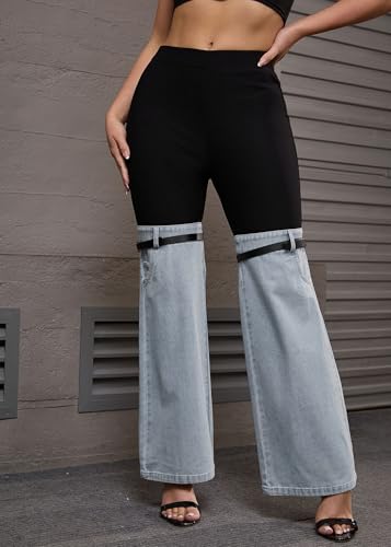 Nihsatin Women's Two Tone Denim Patchwork Flared Pants High Waisted Color Block Bell Bottom Jeans Pants2