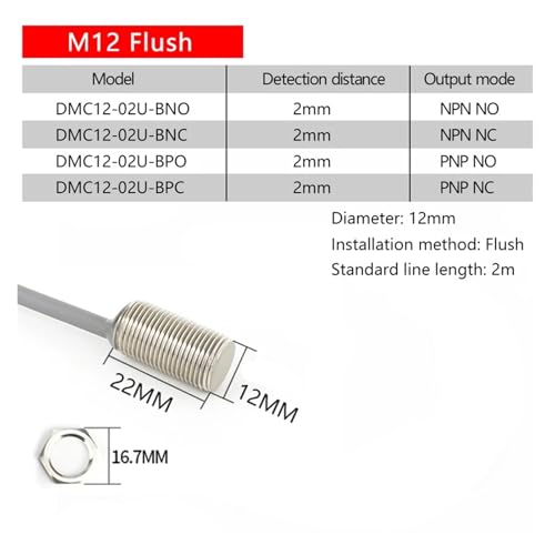 Sensor de proximidad M12 PNP NO tipo corto industrial con interruptor de tres cables DMC12-02U-B 2