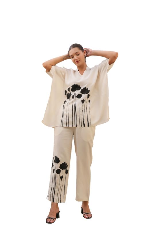 Women's Beige Printed Russian Silk Co-ord Set-image-16