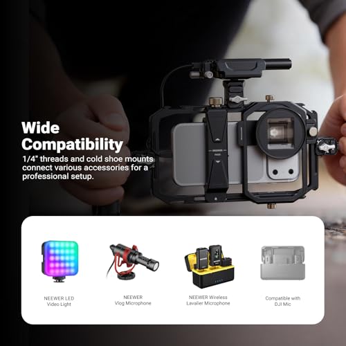 Image of NEEWER Universal Phone Cage Video Rig Stabilizer with 17mm to 37mm & 67mm Lens Filter Adapter Ring Accessories Compatible with iPhone Android Samsung for Video Recording Streaming Photography, PA058