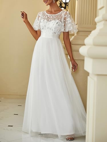 Image of Ever-Pretty Sequin Formal Prom Dresses for Women Ruffle Sleeves Empire Waist A-Line Long Mother of Bride Dress 00904