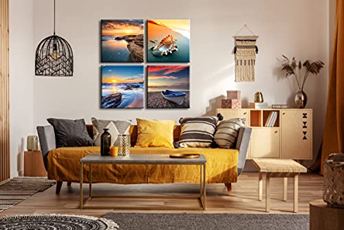 Image of Pyradecor Sunset Sea Beach Modern Seascape Pictures Paintings on Canvas Wall Art 4 Panels Stretched Canvas Prints Artwork for Living Room Bedroom Home Office Decorations