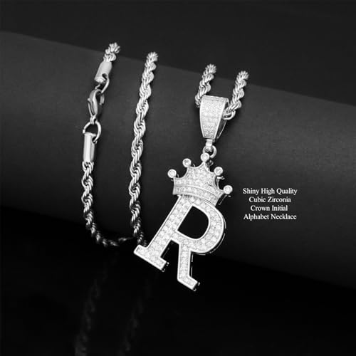 Silver A-Z Letter Crown Initial Necklace, Cute Bling Personalized Alphabet Name Pendant Necklace, 24-inch Rope Chain Hip Hop Charm Glitter Shiny Cubic Zirconia Large Letter Mom Men Women Jewelry4