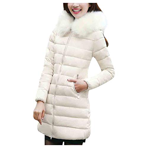 Doric Womens Puffer Coat with Fur Hood,Casual Solid Color Warm Winter Mid-Length Parka Jacket White