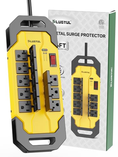 PLUGTUL Protector contra sobretensiones Heavy Duty 20 Amp | Regleta metálica de 1.8 m con 8 tomas, NEMA 5-20P a NEMA 5-15/20R, cable 12/3 AWG, 2040 Joules, montaje industrial en pared, certificado ETL miniatura 1