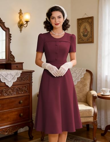 Image of Wedtrend 1950's Vintage Dresses for Women Modest Church Dress with Pockets Short Sleeve Tea Party A-Line Cocktail Dresses