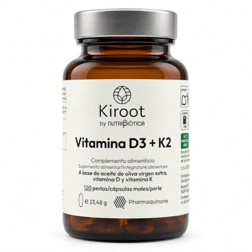 Kiroot Vitamina D3 + K2 120 Perlas – 4.000 UI de Vitamina D3 + 50 µg de Vitamina K2 MK-7 por Dosis – Con Aceite de Oliva Virgen Extra – Sin Gluten y Sin Lactosa