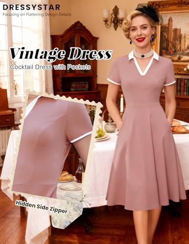 Image of Dressystar Women's 1950s Vintage Swing Dress Short Sleeve V Neck A Line Retro Rockabilly Cocktail Party Dresses With Pockets
