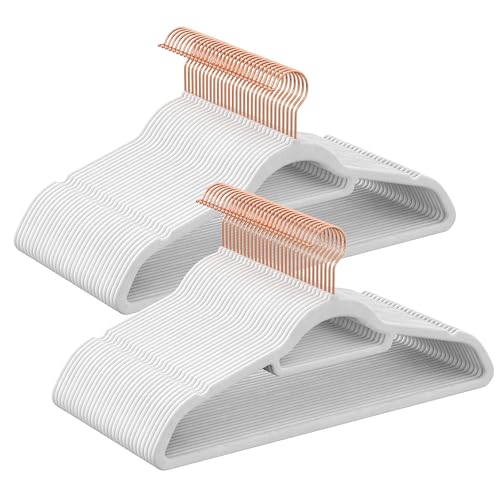 SONGMICS Velvet Hangers, Set of 60 Clothes Hanger with Rose Gold Swivel Hook, Non-Slip, and Space-Saving, 0.2-Inch Thick, 17.1-Inch Long for Coat, Shirt, Dress, Pants, Tie, Cloud White UCRF0