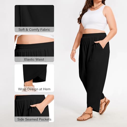 Moon Wood Womens Plus Size Wide Leg Pants Casual Elastic Waisted Summer Pants with Pockets Baggy Lounge Trousers Slacks4