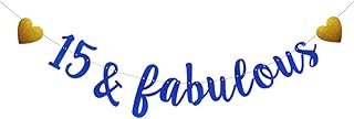 15 & Fabulous Banner,Pre-Strung,Blue Glitter Paper Banner Sign Garlands,15th Birthday/Anniversary Party Decorations Supplies,Letters Blue,SUNbetterland