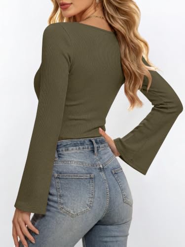 ANRABESS Women Bell Long Sleeve Shirts Boat Neck Top Army Green X-Small — view 6