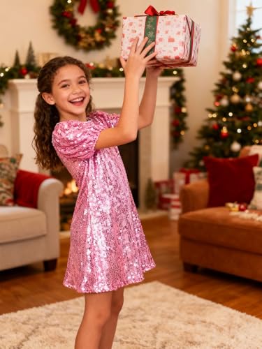 Image of WELAKEN Girls Ombre Sequin Dress Sparkly Fancy Short Puff Sleeves Gradient Party Dress