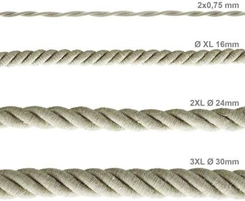 XL Rope electrical wire 18/3 AWG wire inside. Natural Linen Fabric. 16mm.