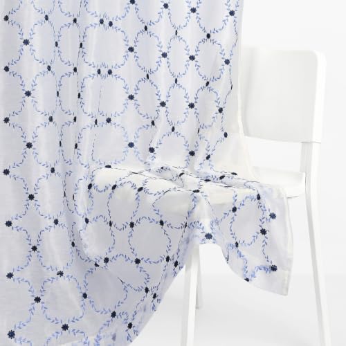 Image of haus & kinder Curtains 7 feet Long | Embroidery Sheer Curtains 7 Feet Long Pack of 1 | Door Curtains 7 feet Light-Filtering & Breathable Sheer Curtains (Willow Chain Blue, 114x213cm)