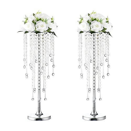 Wedding Centerpieces Stands for Tables Gold Tall Metal Flower Candle Holder Stand with Crystals Set of 2 Event Lead Road Candleholders for Wedding Party Dinner Table Decor (Siliver/21.6”)