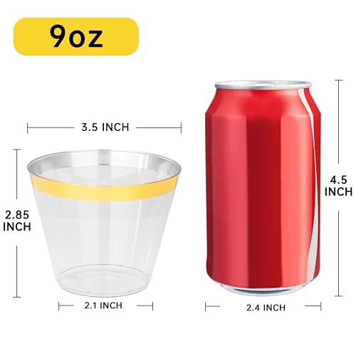 I00000 200 Pack Gold Plastic Cups, 9 Oz Elegant Clear Plastic Cups Gold Rimmed Disposable Wine Glasses Fancy Disposable Party Cup Wedding Cup Drinking Tumblers Cocktail Glasses Perfect for Party