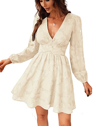 CUPSHE Vestido corto de encaje para mujer, manga larga, estampado floral, vestido acampanado para fiesta, Marfil, M