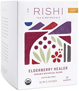 Rishi Tea Elderberry Healer Tea - Organic Elderberry Tea Bags, Caffeine Free Herbal Tea, USDA Organic, Certified Kosher, Organic Elderberry, Ginger Root, Hibiscus Flowers, & Licorice Root - 15 Sachets