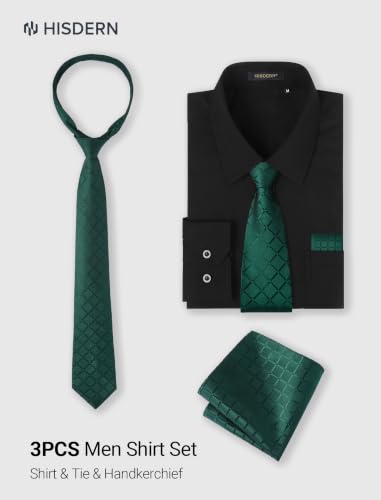 Image of HISDERN Mens Dress Shirt with Tie Pocket Square Set Classic Button Down Shirt Matching Tie Long Sleeve Shirts